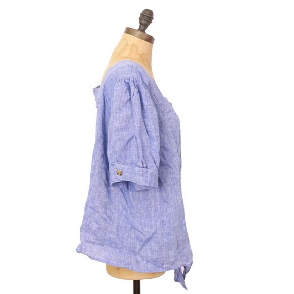 TALBOTS Plus Linen Tie Waist Top X (0X) Cross Dye Blue Button Up Blouse NWT B68 - Picture 3 of 6